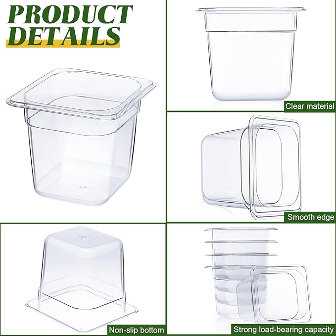 Yinder 6 Pcs Plastic Clear Food Pans 1/6 Size Stackable Polycarbonate Food Containers with Capacity Indicator Restaurant Commercial Hotel Pan for Fruits Vegetables Beans Corns (4'' Deep)