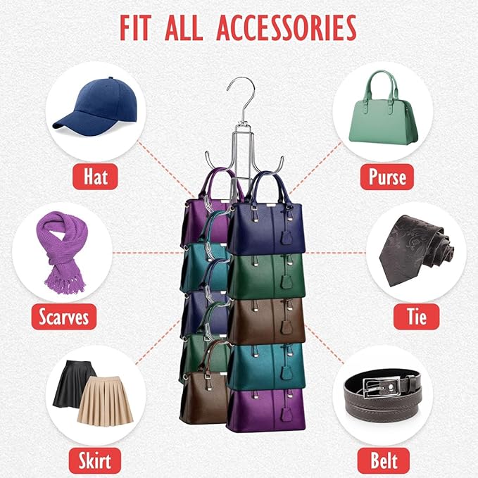 Handbags Purse Organizer for Closet: Bag Rack Hanger with 10 Big Hooks - 360° Rotation Purse Hanger for Display - Collapsible Space Saving for Handbag Belt Scarve Tie - 1 Pack Silver
