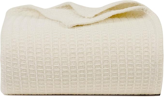 Bed & Bath Home Premium 100% Cotton Waffle Weave Blanket Twin Size – Soft Breathable Lightweight Comfort, Natural All-Season Bed Blanket, Easy-Care Bedspread for Bed & Couch (Ivory)