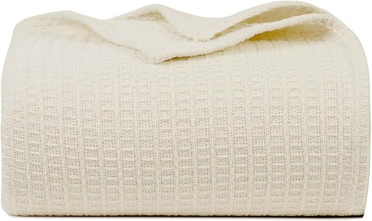 Bed & Bath Home Premium 100% Cotton Waffle Weave Blanket Twin Size – Soft Breathable Lightweight Comfort, Natural All-Season Bed Blanket, Easy-Care Bedspread for Bed & Couch (Ivory)