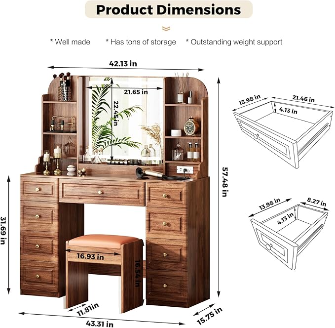 43" Makeup Vanity Desk with Mirror and Lights, & Power Outl, Glass Top Big Vanity Table with 9 Drawers& 8 Storage Shelves, Dressing Table Set with Chair for Bedroom, Walnut