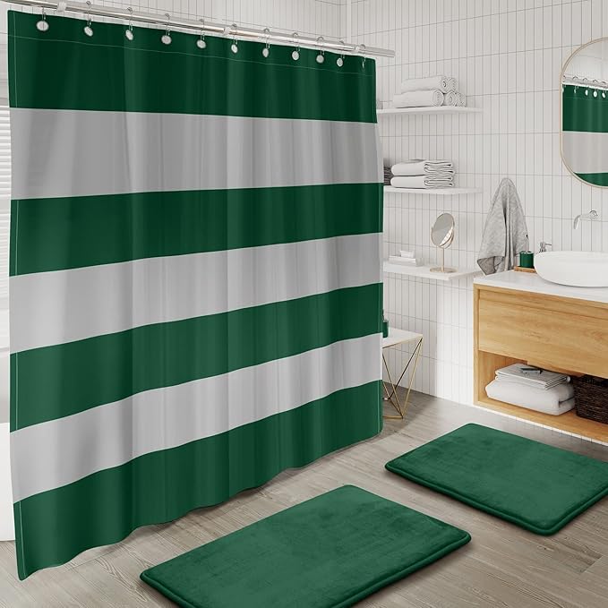 Clara Clark Bathroom Accessories Set - 28PC Bathroom Set with Adhesive Corner Shower Caddy Hanging, Bathroom Sets with Shower Curtain and Rugs, Green Shower Curtain Set with Bathroom Trash Can