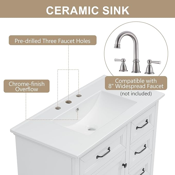 Christopher Knight Home 36" Bathroom Vanity with Ceramic Sink, Wooden Bathroom Vanity Organizer, Bathroom Storage Cabinet, Pedestal Sink Storage Cabinet, Adjustable Door Shelves+Drawer, White