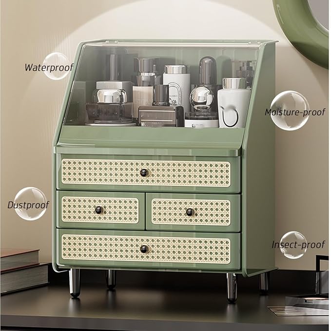 Large Cosmetic Storage Box Dustproof And Waterproof. Display Case with Drawers Countertop Vanity Organizer for Skincare, Lipsticks, Perfume – Bathroom Cosmetic Storage Display Box (Green)