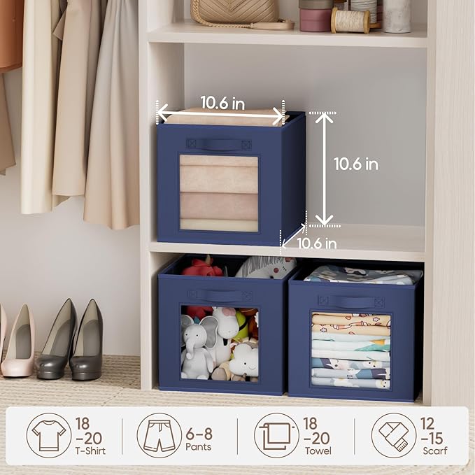 Storage Cube 11 Inch - Cube Storage Bins with Window, Closet Storage Baskets with Handle, Fabric Bins for Closet, Shelves, Toys, Clothes, Set of 6, Navy Blue