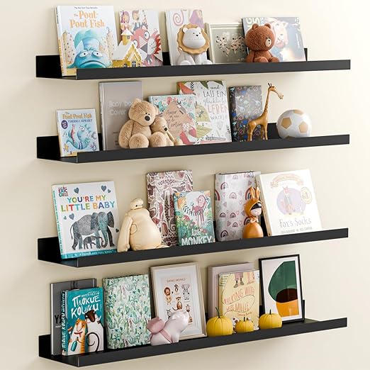 BYCY Metal Floating Shelves Set of 4,23.6inch Floating Bookshelves for Wall Mounted,Wide Magnetic Book Display Wall Shelves for Classrooms Kitchen Bedroom Room Decor (Black)