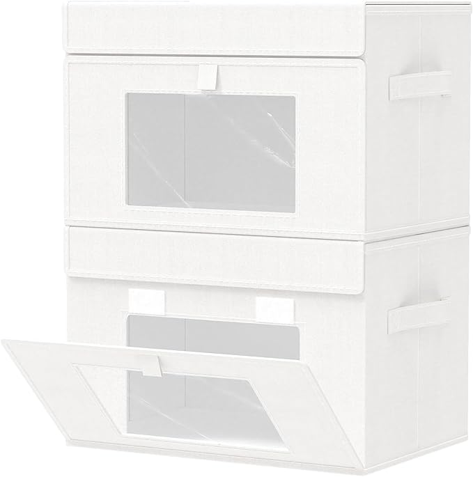 Storage Bins with Lids, Cube Organizer Basket with Window, Closet Boxes with Carrying 2 Handles and Sturdy PP Support Plate, 2 Pack, White, 15 x 9.8 x 9.8 In, XSNY17WL-2