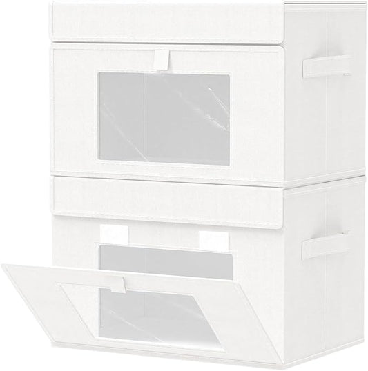 Storage Bins with Lids, Cube Organizer Basket with Window, Closet Boxes with Carrying 2 Handles and Sturdy PP Support Plate, 2 Pack, White, 15 x 9.8 x 9.8 In, XSNY17WL-2