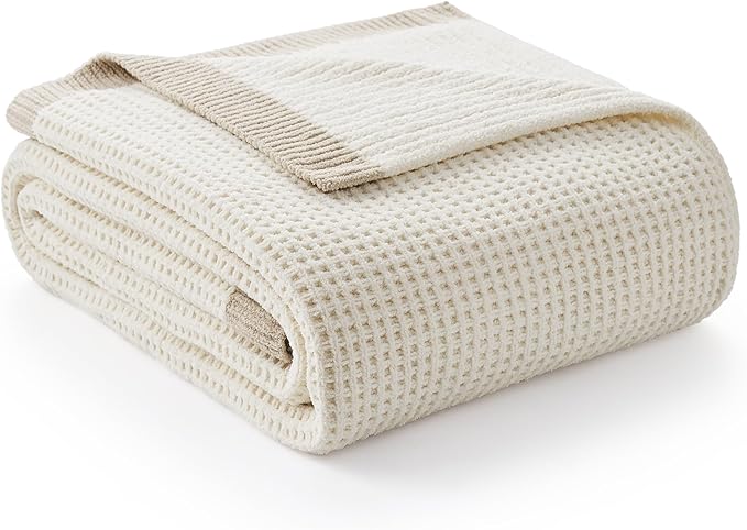 Amélie Home Chenille Throw Blanket, Soft Cozy Waffle Throw for Couch & Sofa, Warm Yet Lightweight, Breathable All-Season Throws for Women Men, Housewarming, Birthdays, 90"x90", Ivory
