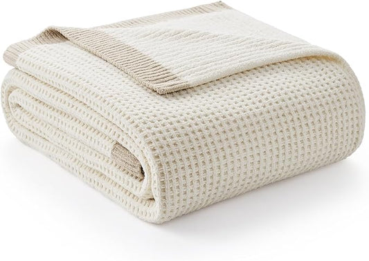Amélie Home Chenille Throw Blanket, Soft Cozy Waffle Throw for Couch & Sofa, Warm Yet Lightweight, Breathable All-Season Throws for Women Men, Housewarming, Birthdays, 90"x90", Ivory
