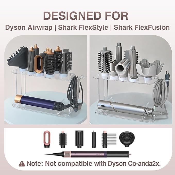 Hair Tool Holder for Dyson Airwrap Attachments, Storage Holder Compatible with Shark FlexStyle FlexFusion, Acrylic Display Rack Countertop Organizer Wall Mount for Hair Stylers, Clear&White