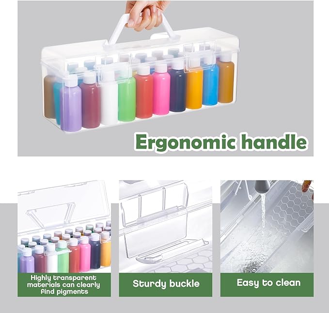 1 Pcs Acrylic Paint Storage Box for 2 Fl. oz Acrylic Paints, Portable Craft Art Organizer with Handle, 30 Bottles Capacity Plastic Art Supply Clear Boxes (White)