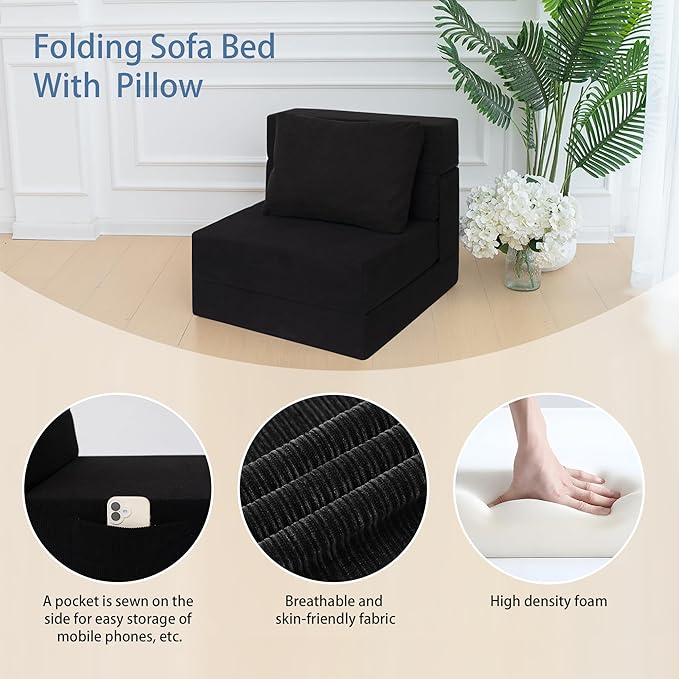 Folding Sofa Bed Chair with Pillow,Convertible Fold Out Chair Sleeper,Foam Floor Mattress, Foldable Futon Couch Bed for Living Room/Dorm/Guest/Office (Black Corduroy, Single)