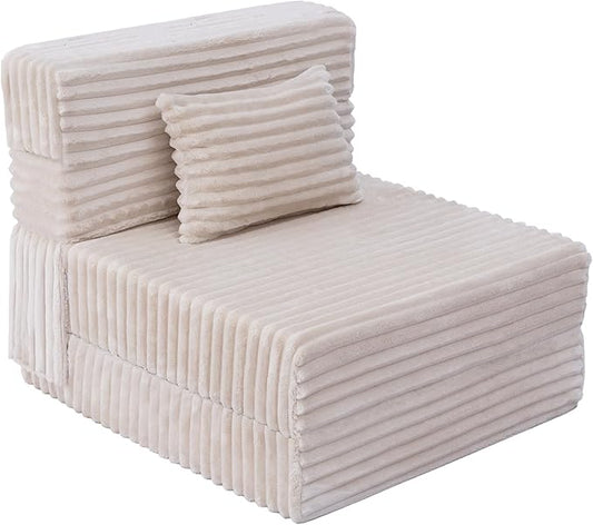 Folding Sofa Bed Single, Convertible Futon Chair Bed with Pillow, Folding Sofa Sleeper Chair, Fold Out Couch, Comfortable Foam Floor Couch for Living Room, Bedroom, Dorm, Guest Room, Beige