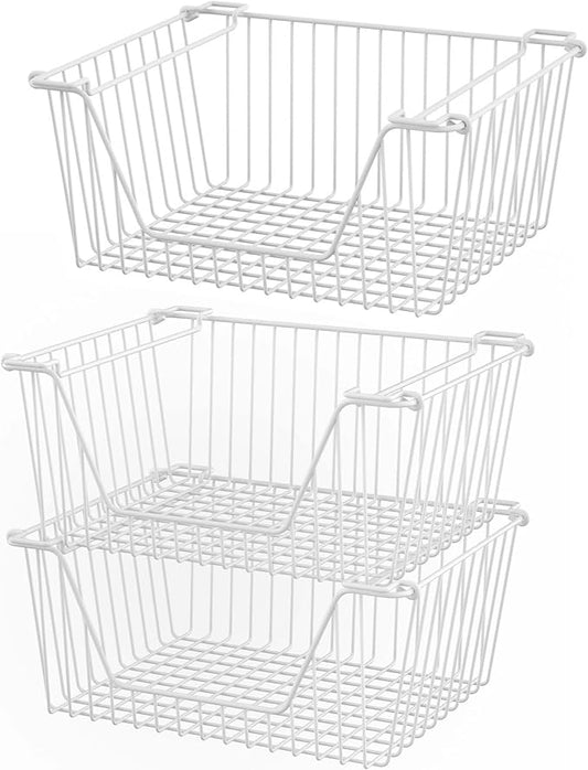 Stackable Wire Metal Baskets Cabinet Organizer Sturdy Metal Wire Pantry Freezer Bin with Handle for Kitchen Fruit Vegetable Organization, White, 3Packs