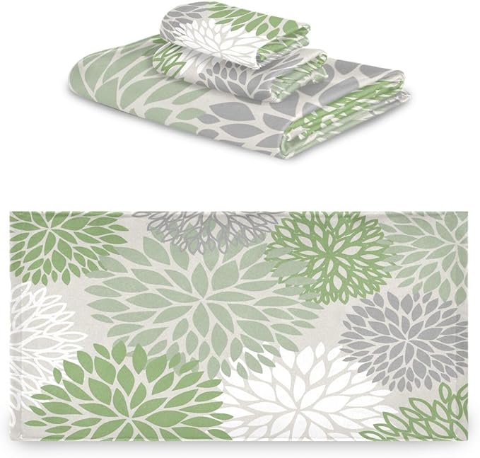 3 Piece Sage Green Dahlia Bath Towels Set,Microfiber Absorbent Grey White Green Floral Towels for Bathroom,1 Bath Towel,1 Hand Towel,1 Washcloth,Modern Abstract Decorative Bathroom Towels