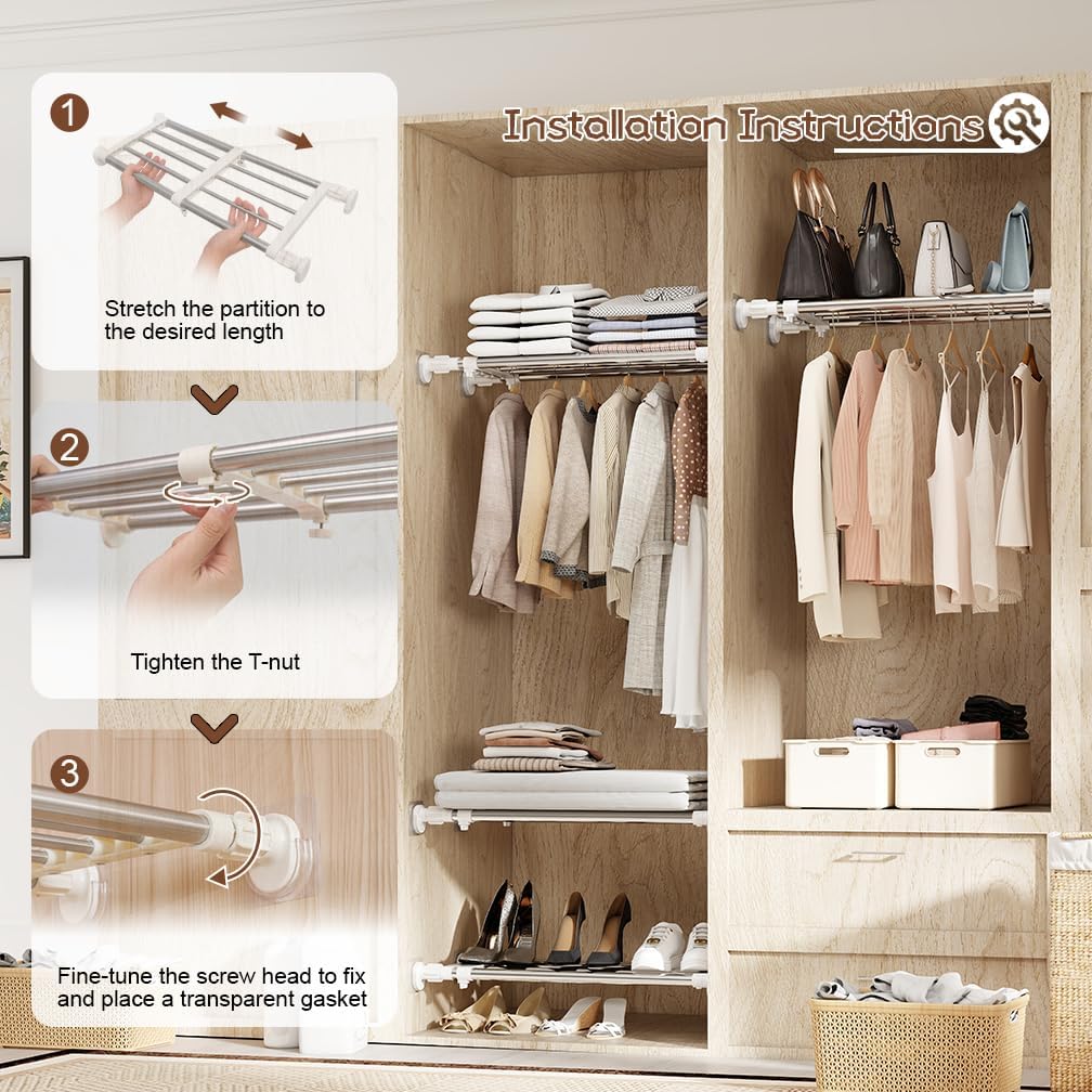 Closet Tension Shelf & Rod — Expandable Adjustable Storage Rack, Metal Organizer DIY Divider for Cabinet, Wardrobe, Kitchen & Bathroom