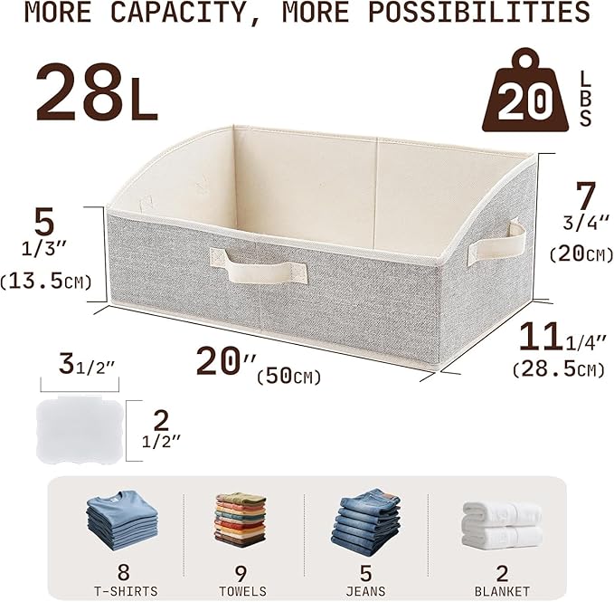 Closet Organizers and Storage Bins with Labels Clip, Large Trapezoid Storage Baskets for Shelves, 28L Foldable Fabric Clothing Organizer for Blankets, Towels and Toys, Honey Beige, 3-Pack