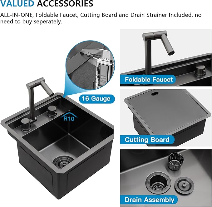 15 Inch RV Kitchen Sink - Fulorni 15"x17" Outdoor RV Mobile Camper Wet Bar Prep Sink Undermount Gunmetal Black NANO-PVD 16 Gauge Stainless Steel Single Bowl Basin with Foldable Faucet