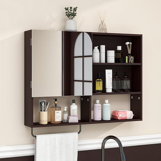 Medicine Cabinet, Wooden Bathroom Wall Cabinet with 2 Doors, Adjustable Shelves & Towel Bar, Over Toilet Storage Cabinet Wall Mounted for Laundry with Mirror, Espresso