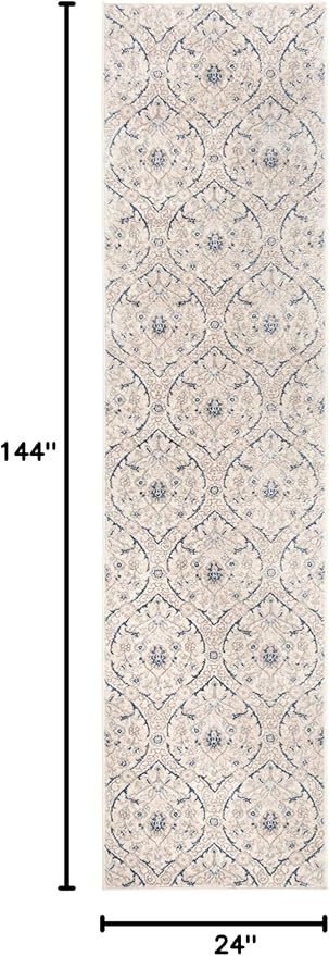 SAFAVIEH Brentwood Collection Runner Rug - 2' x 12', Light Grey & Blue, Floral Damask Ogee Trellis Design, Non-Shedding & Easy Care, Ideal for High Traffic Areas in Living Room, Bedroom (BNT860G)