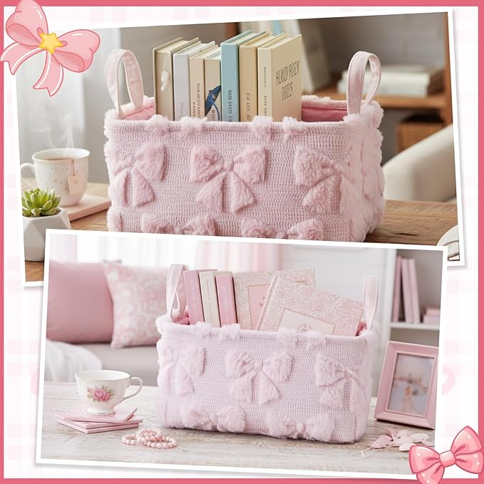 2 Pcs Pink Bow Storage Baskets 14x10 Inch Easter Gifts Baskets Laundry Foldable Fluffy Storage Bin with Handle Spring Coquette Decor Closet Organizer for Countertop Tabletop Shelf