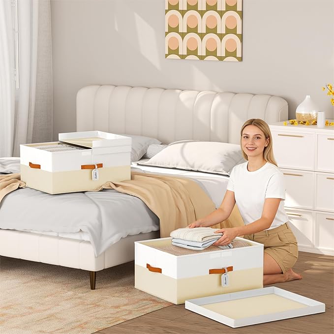 Extra Large Storage Bins - 2 Pack Closet Storage Boxes with Double-Open Lid & Divider Board, Stackable Colthes Storage Organizer, Fabric Basket with Label Tag for Home, Laundry
