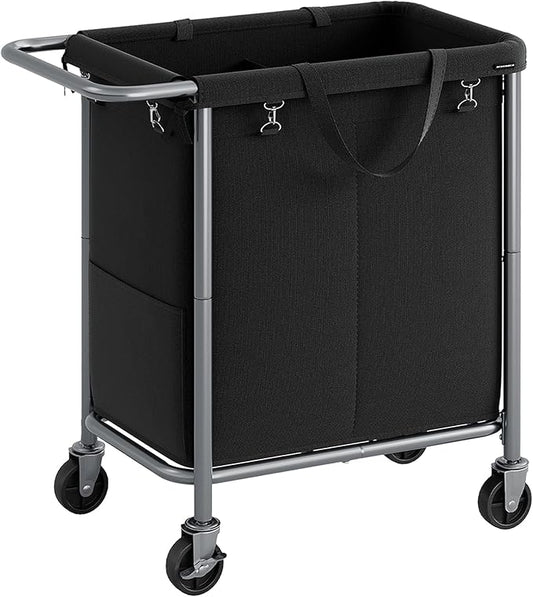 SONGMICS Laundry Basket with Wheels, 2-Section Rolling Laundry Hamper, 37 Gallons (140 L), Removable Liner, Steel Frame with Handle, 27.2 x 15.4 x 31.9 Inches, Ink Black URLS004B01