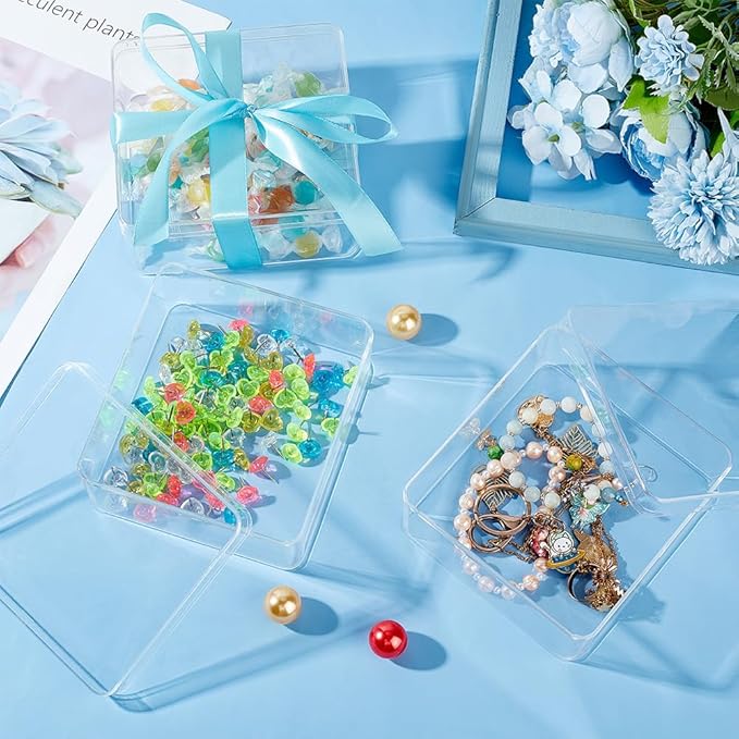 BENECREAT 4Pcs Acrylic Storage Boxes with Lids, 4.7x5x2.3inch Square Storage Containers Cube Storage Display Box for Wedding, Party, Treats, Jewelry Accessories
