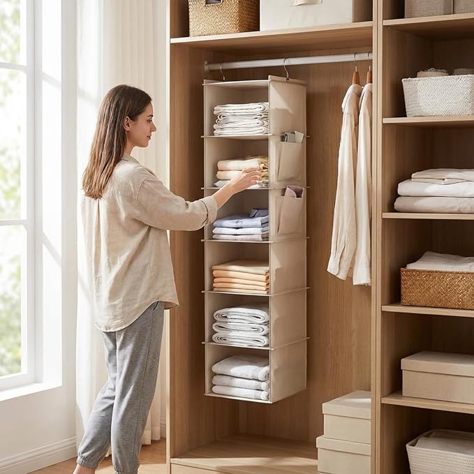 2 Pack 6-Shelf Hanging Closet Organizer, Closet Hanging Storage Shelves with Side Pockets for Clothes, Shoes, Accessories, Wardrobe Organizer, Space Saving Solution