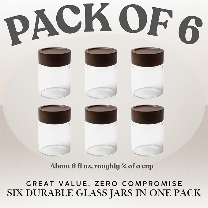 Wide Mouth Glass Storage Jars With 2.5" Acacia Wood Lids - 6 Pack of 6 Oz Food Storage Containers - Borosilicate Glass Canisters Sets For Kitchen - Pantry Organizers and Storage for Flour Rice Coffee