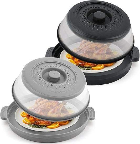 Microwave Splatter Cover for Food with Anti-scald Base Plate,Large Plastic & Silicone Vented Avoid Scalding Collapsible Guard Lid, Plate & Kitchen Colander for Meal Prep-10.7 Inch (2pcs-Gray-Black)