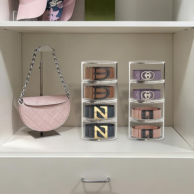 Belt Organizer for Closet Storage: Clear Acrylic 8-Layer Stackable Belt Box, Space-Saving Neat Case Holder