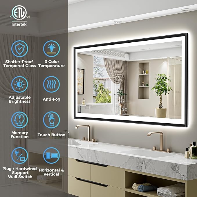 60x38 Black Framed LED Bathroom Mirror with Lights, Backlit and Front Light, Lighted Bathroom Vanity Mirror for Wall Dimmable Anti-Fog Memory Tempered Glass Horizontal/Vertical