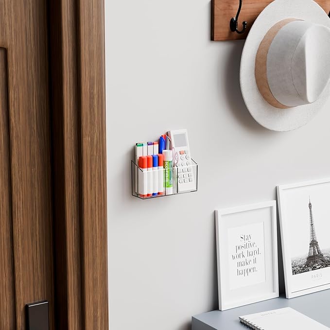 Yieach Magnetic Whiteboard Marker Holder - And With Adhesive for Wall- Non Slip Acrylic Expo Magnetic Cup for Dry Erase Markers,4 Compartment Clear Magnet Pen Holder for Fridge,Classroom Organizer,1Pc