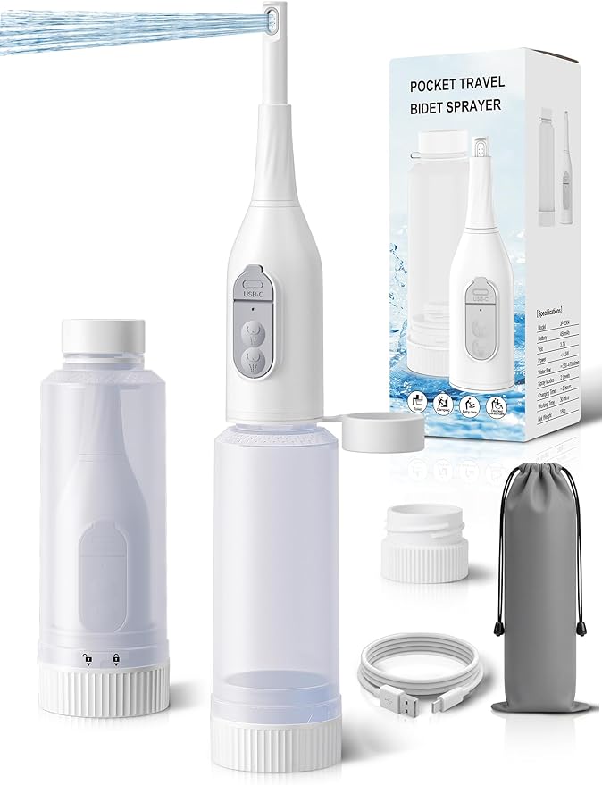 Portable Bidet for Travel – Electric Peri Bottle with Dual Spray Modes, 360° Nozzle, Water Bottle Adapter, USB Rechargeable, Waterproof, Travel Bidet for Postpartum & Personal Hygiene