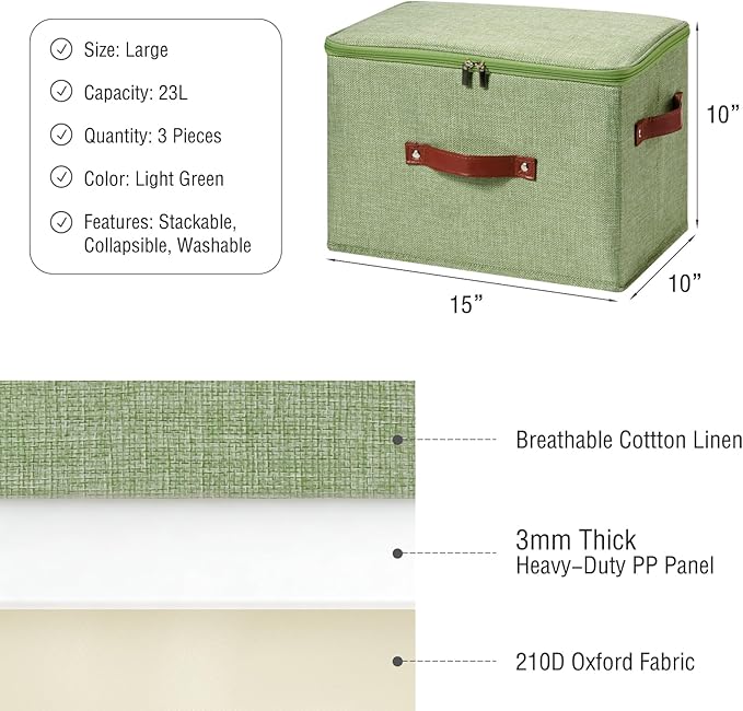 3PCS Storage Bins Boxes with Zippered Lids Cotton Linen Fabric Decorative Basket PU Leather Handles PP Plastic Board Foldable Lidded Shelf Closet Organizer Container (Light Green, Large)