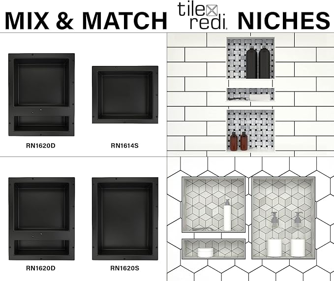 Tile Redi USA Niche Double Recessed Shower Shelf – Black, Two Inner Shelves with Divider, 16-Inch Width x 20-Inch Height x 4-Inch Depth (RN1620D-BI)