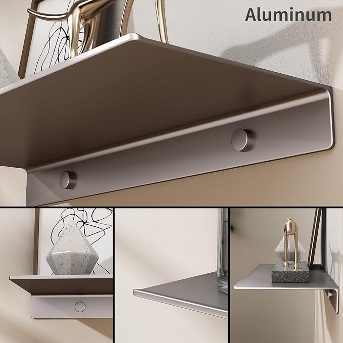 Danpoo Grey Floating Shelves for Wall Storage, Metal Wall Shelves for Living Room, Bathroom, Kitchen, Small Display Shelves for Collectibles, 8”(2 PCS)