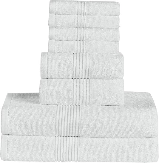 Bath Towels 8 Piece Towel Set – 100% Combed Cotton – Bath + Hand + Washcloths – Oeko-TEX Certified Soft & Absorbent Towels with Durable Double-Stitched Edges for Bathroom or Guest Spa, White