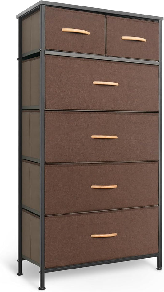 Mifuro Tall Dresser for Bedroom, Vertical Storage Organizer Tower with 6 Drawers, Chest of Drawers with Fabric Bins, Steel Frame, Wood Top for Bedroom, Closet, Entryway- Brown