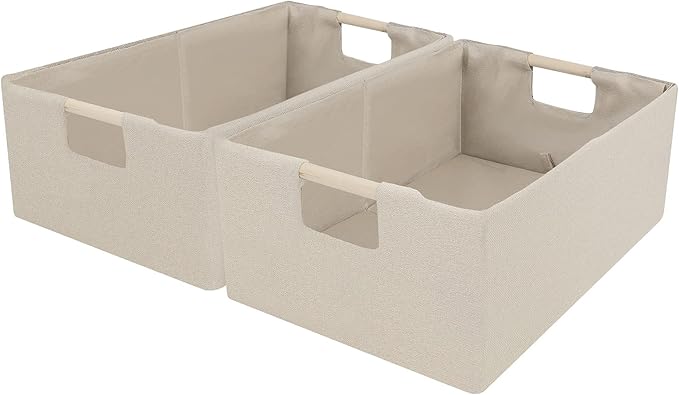 ANMINY 4PCS Storage Baskets for Organizing Collapsible Fabric Storage Bins Boxes with Wood Handles Closet Shelves Cube Organizer Bins Clothes Laundry Storage Container - Large, Beige