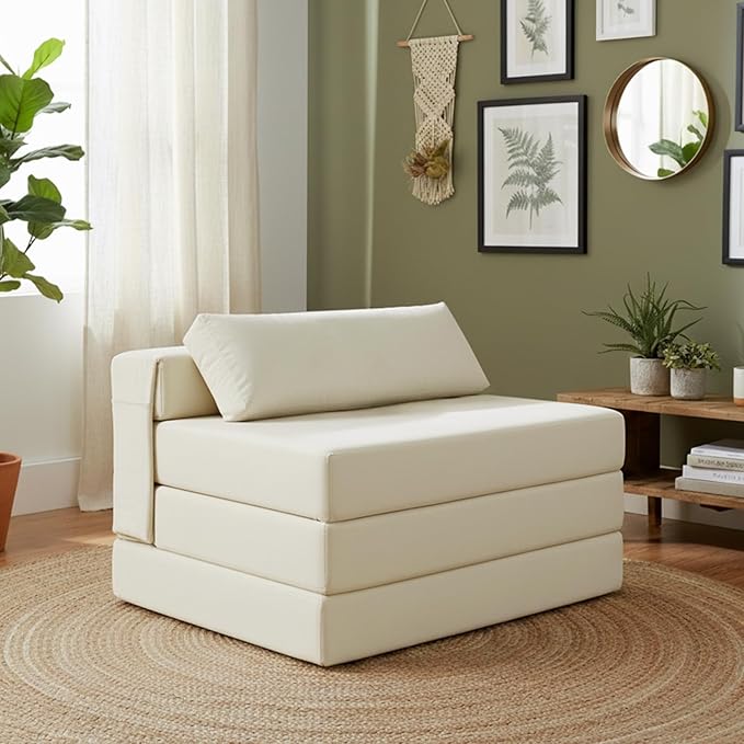 Tiita Folding Sofa Bed Chair, 4-Fold Convertible Sleeper Chair with Lumbar Pillow, Washable Cover & Side Pocket, Floor Couch Bed with Raised Seat, Single Size for Small Spaces, Beige