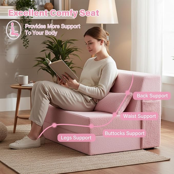 Tiita Convertible Folding Sofa Bed Twin Size for Adults with Pillow, Plush Fabric Floor Mattress Couch Bed, Washable Cover & Side Pocket, Guest Room, Dorm, Apartment, Living Room, Pink