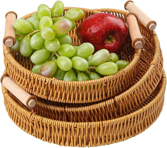 3 Pack 10.8/9.7/8.9 inch Round Rattan Tray, Round Woven Serving Basket with Handles, Storage Rattan Serving Trays for Home, Restaurant & Hotel Use, Durable & Easy-Cleaning