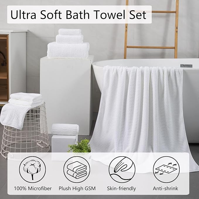 8 Piece Oversized White Bath Towel Set-2 Extra Large Bath Towel Sheets,2 Hand Towels,4 Washcloths-600GSM Soft Highly Absorbent Quick Dry Beach Chair Towels Woven Towels for Bathroom Hotel and Spa