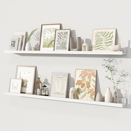 Fun Memories Picture Ledge Shelves Set of 2, 48 Inch Rustic Wall Mounted Floating Shelves with Lip for Home Storage and Décor in Bathroom, Kitchen, Nursery, Bedroom, Living Room, White