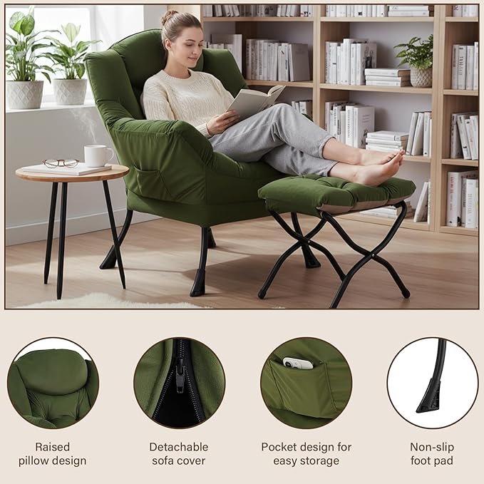 Welnow Lazy Chair with Ottoman, Modern Reading Lounge Accent Chair with Armrests and a Side Pocket, Leisure Upholstered Lazy Sofa Set with Footrest for Small Space, Army Green