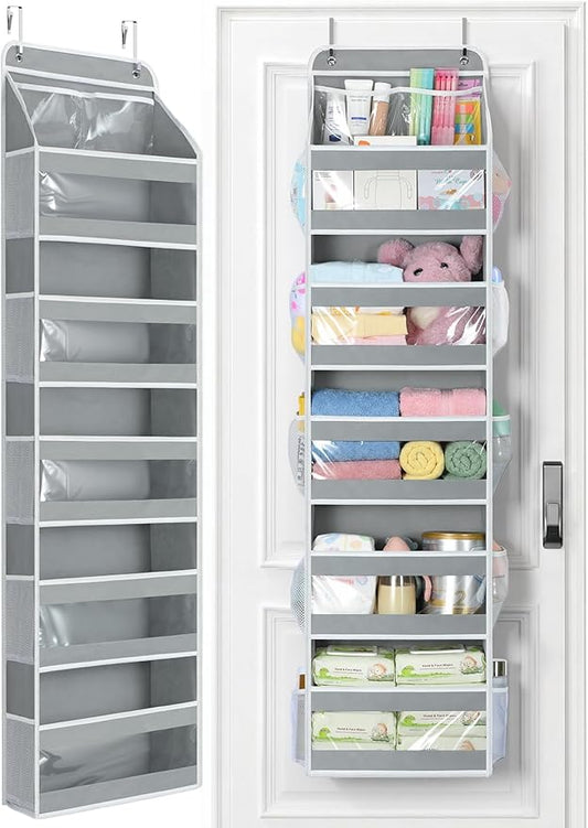 Yecaye 6 Tier Over the Door Organizer, Swing-proof Door Organizer Hanging with Clear PVC Windows, Behind the Door Storage for Bedroom Nursery Closet Laundry Pantry Bathroom, Grey