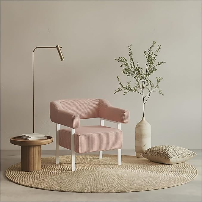 Premium Pink Corduroy Accent Chair - High-Back Upholstered Armchair with White Legs
